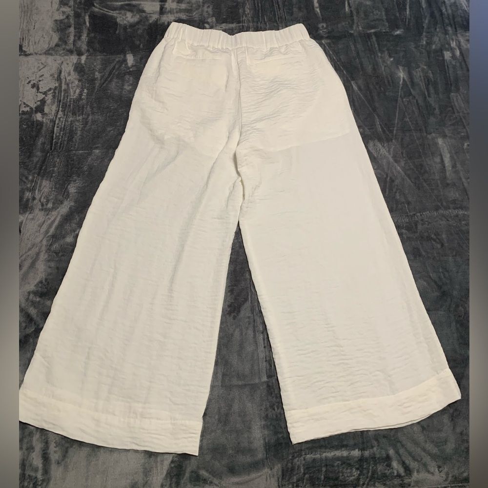 B New York Women Cream Textured Wide Leg Belted Pants Medium Off White Boho Flaw - Picture 2 of 12